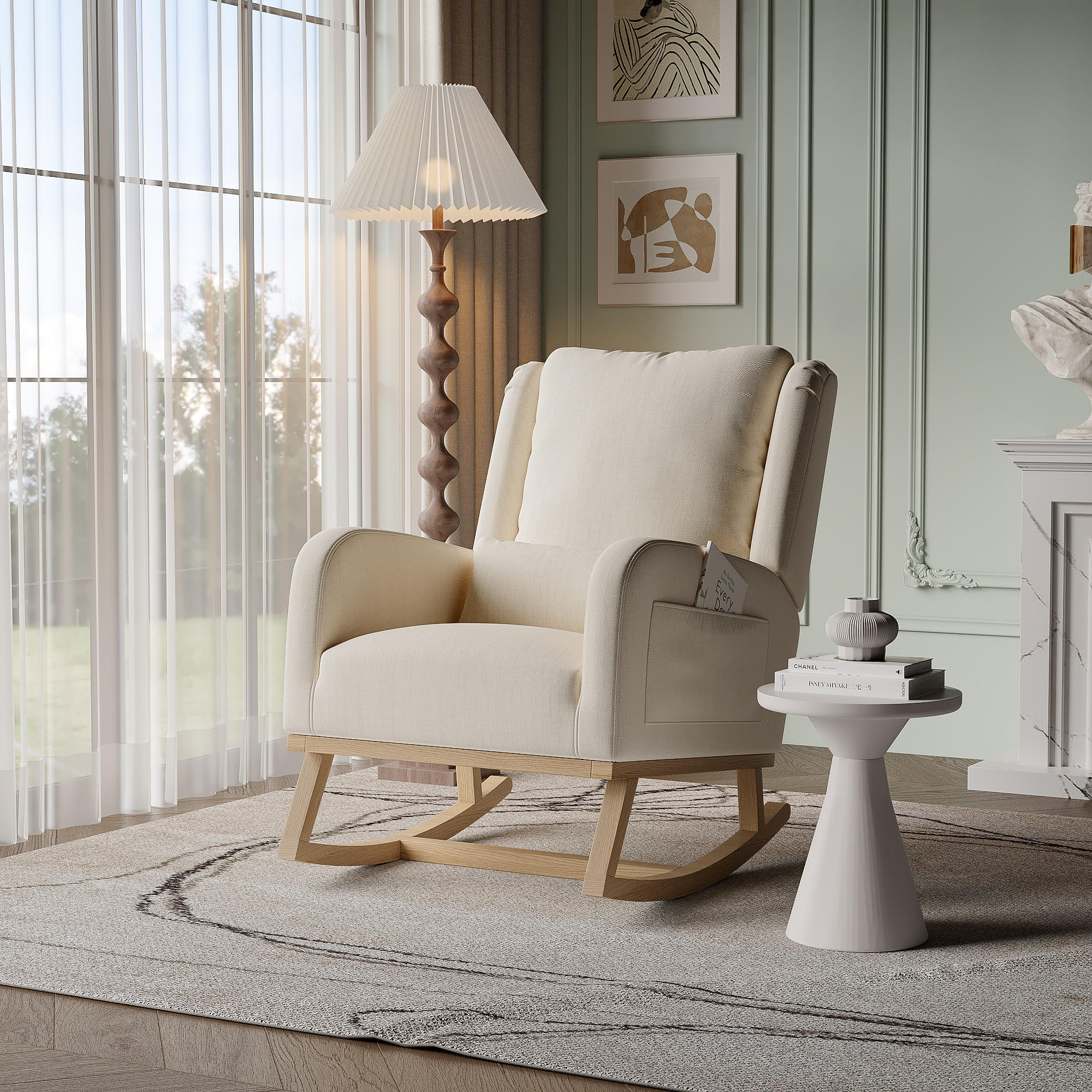 SCHAUKELSTUHL Schaukelsessel mit 2 Seitentaschen, Beige - Beige, Holz (93/96/68cm)