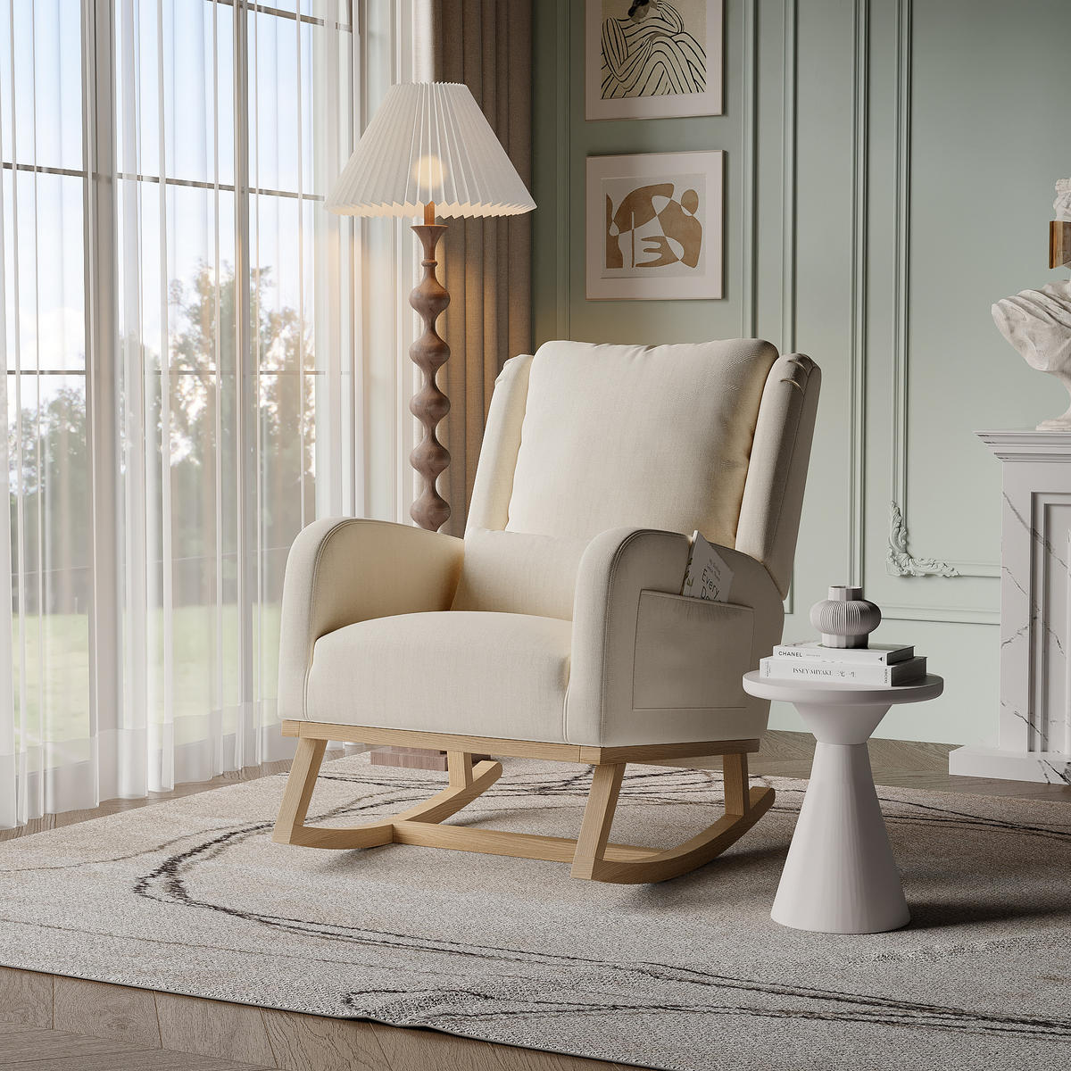 SCHAUKELSTUHL Schaukelsessel mit 2 Seitentaschen, Beige - Beige, Holz (93/96/68cm)