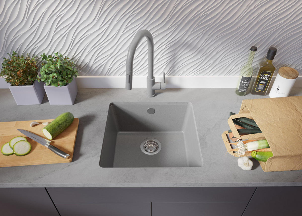 UNTERBAUSPÜLE GRANIT Venedig Easy, 2-er set Grau 46/44 cm 1 Becken + Ablauf-Set ab 50er Unterschrank - Chromfarben/Grau, Kunststoff (46/20/44cm) - Primagran