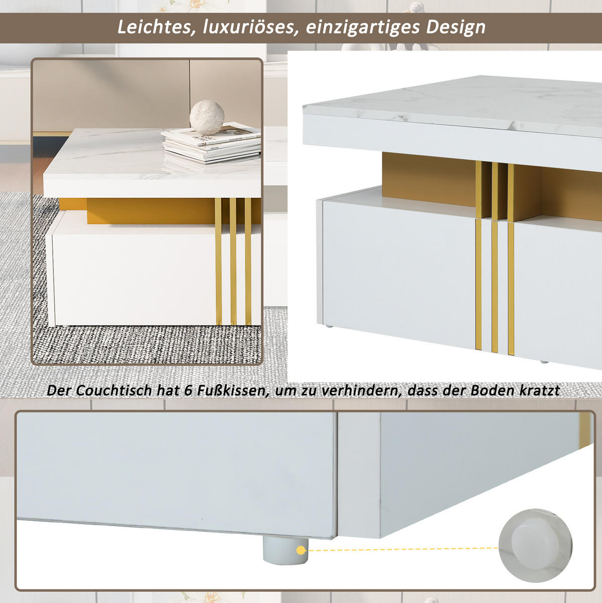 COUCHTISCH 100/50/40 cm in Weiß mit 2 Schubladen und Hochglanz-Tischplatte - Weiß, Holzwerkstoff (100/50/40cm) - Flora Grace