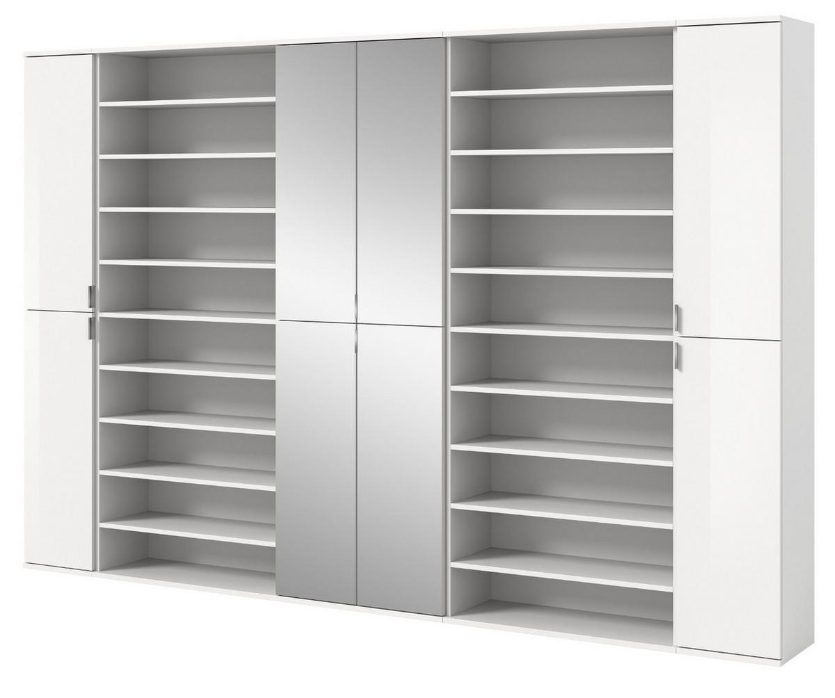 GARDEROBENSCHRANK mit Spiegltüren, weiß Hochglanz 281 cm, Schuhschrank XXL - Chromfarben/Weiß Hochglanz, Glas/Holzwerkstoff (281/193/34cm) - Inn.Furn