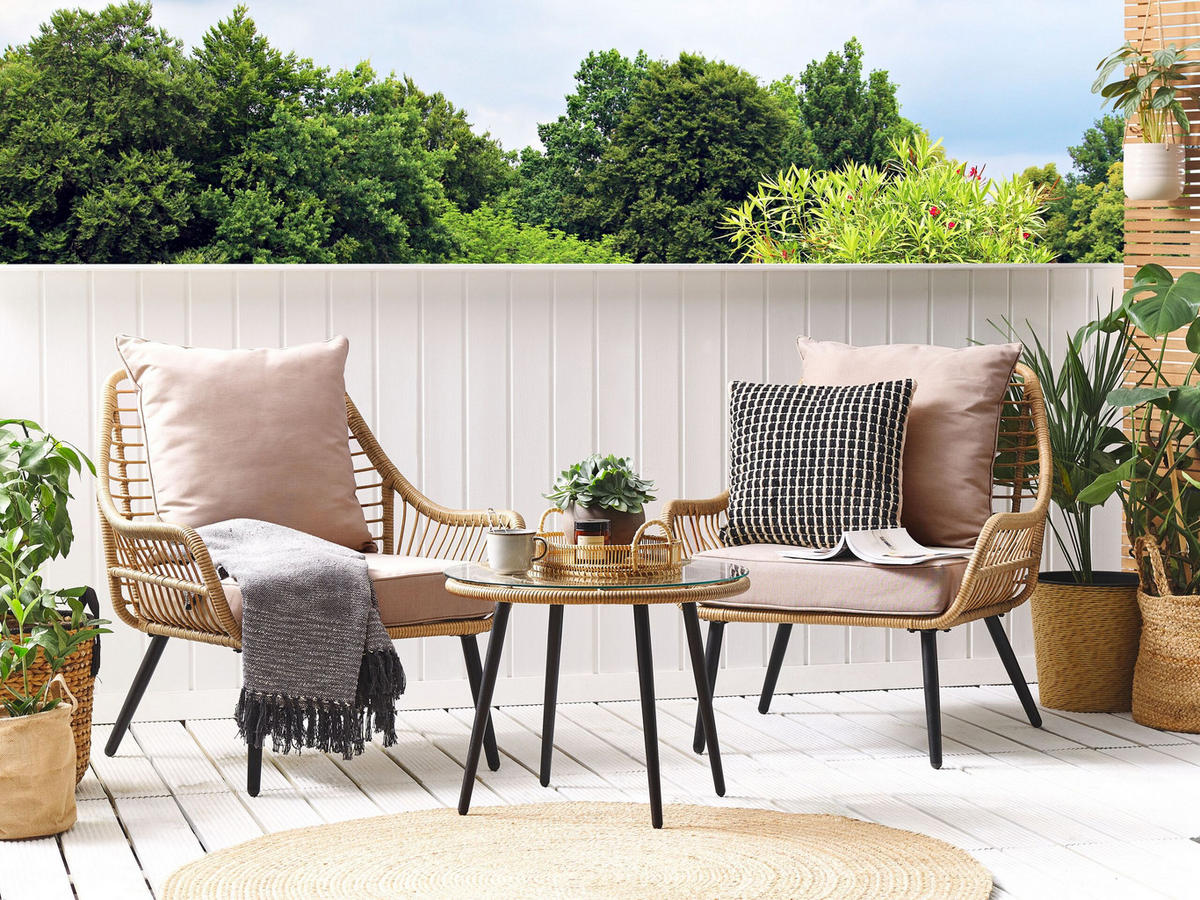 BALKONSET 2-Sitzer Rattan natürlich Auflagen beige Laureto - Beige/Schwarz, Kunststoff/Textil - Beliani