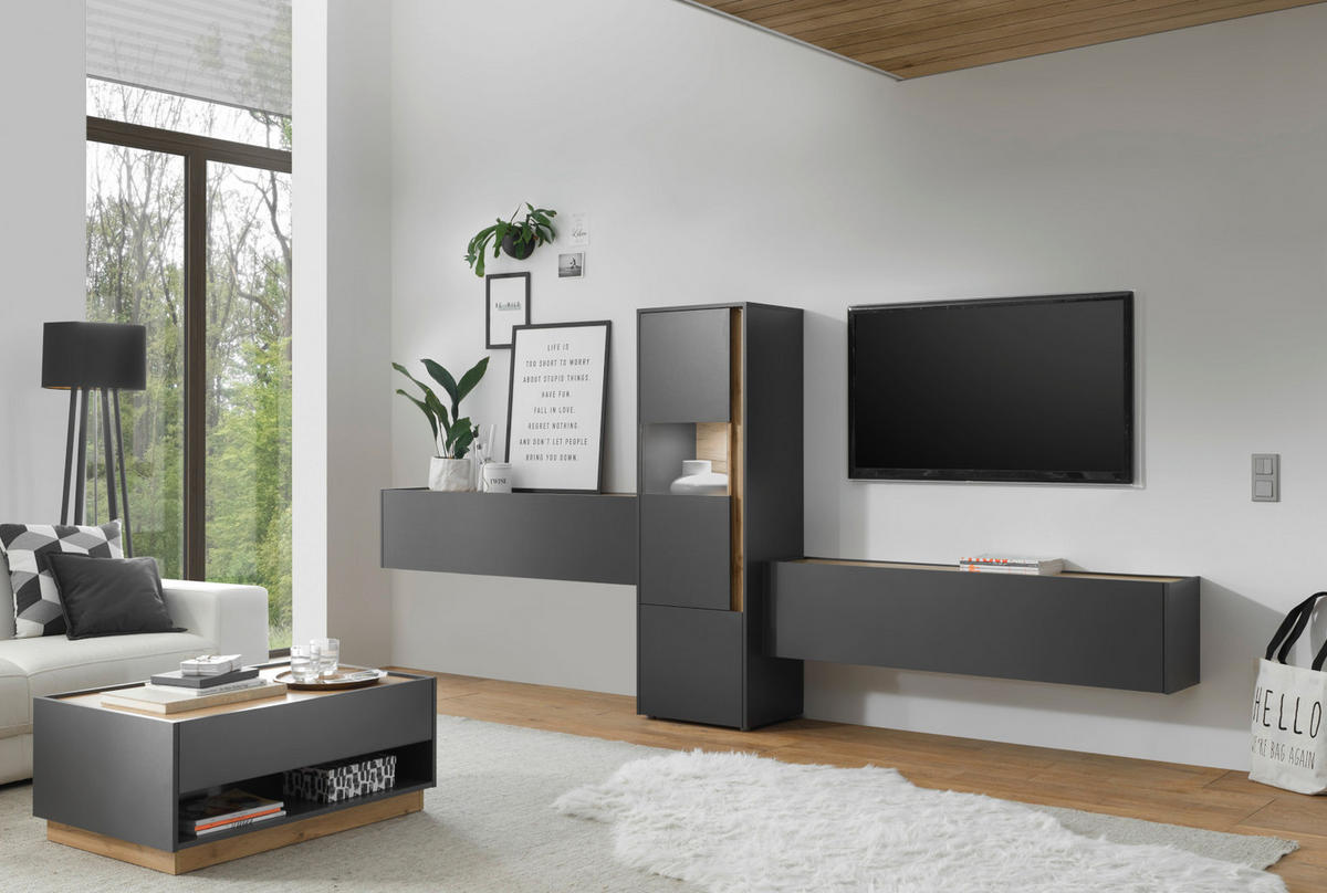 WOHNWAND 3-teilig grau matt, Eiche Wotan 350 cm, Wohnkombination mit viel Stauraum - Eiche Wotan/Grau, Glas/Holz (350/155/40cm) - Furn.Design