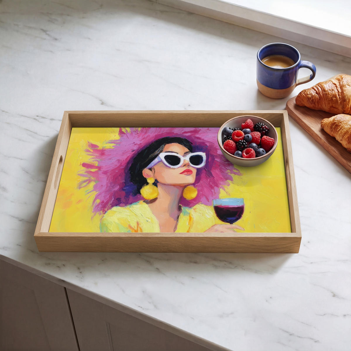 SERVÍROVACÍ PODNOS Žena - Klobouk - Fialová - Víno 50x35 cm - žlutá, dřevo (50/5/5cm) - OnlyWow