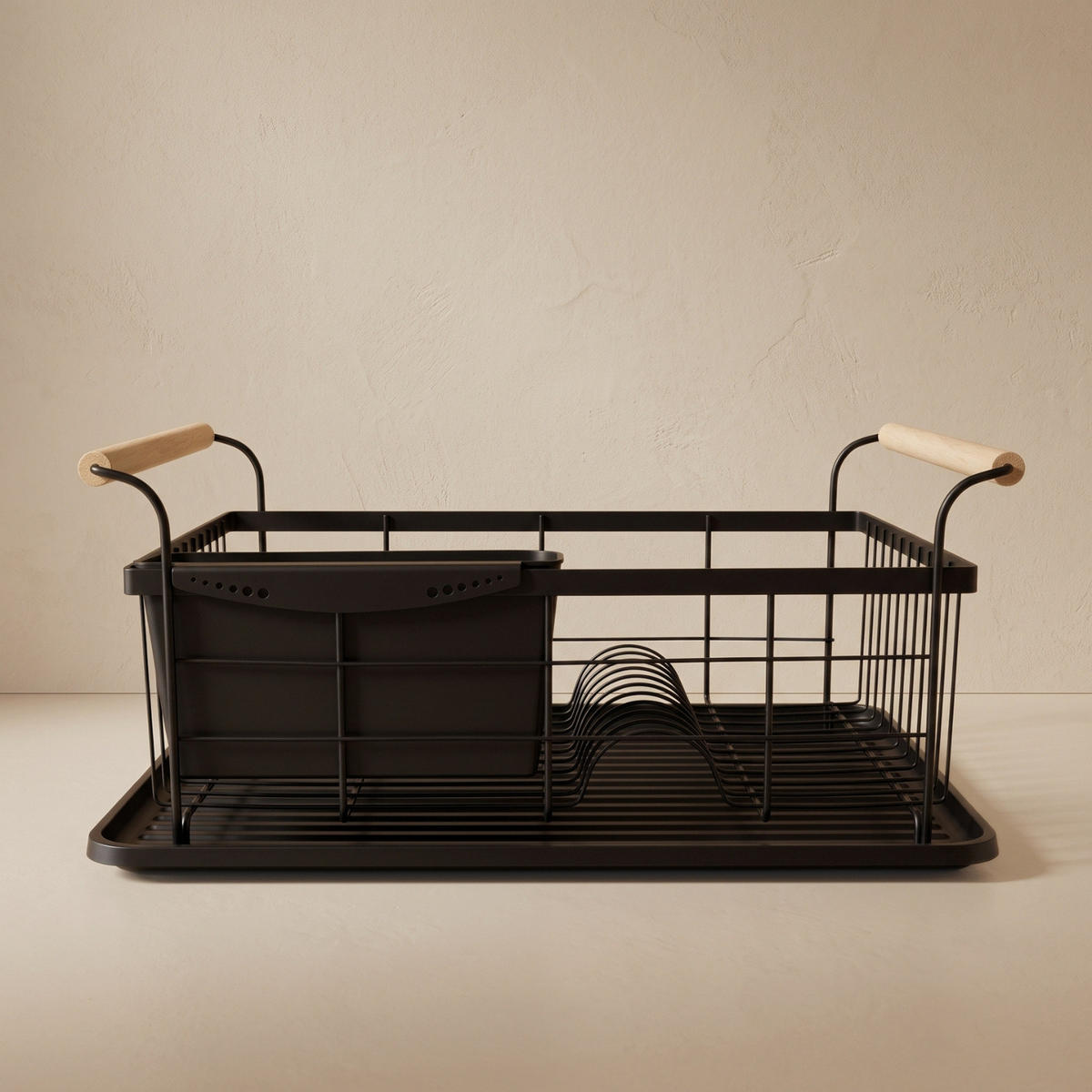 GESCHIRRABTROPFER mit Besteckbehälter 43/32/20 cm - Schwarz, Metall (32/20/43cm) - BOXIMO