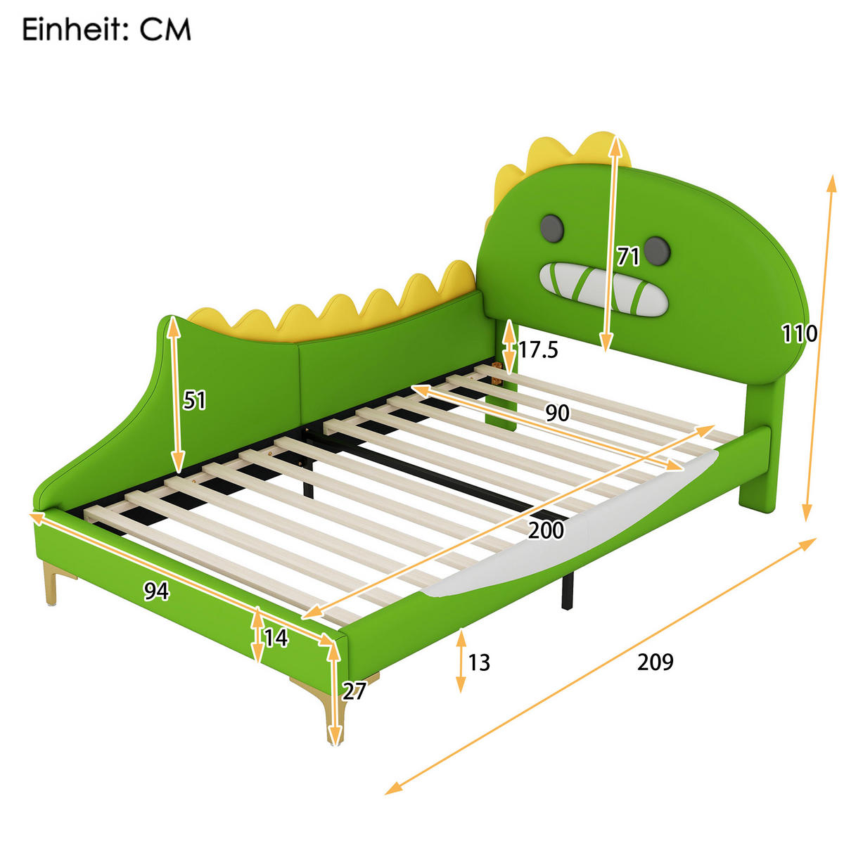 KINDERBETT 90/200 cm aus PU und MDF mit Dinosaurier-Kopfteil Grün - Grün, Kunststoff (90/200cm) - Modenvie