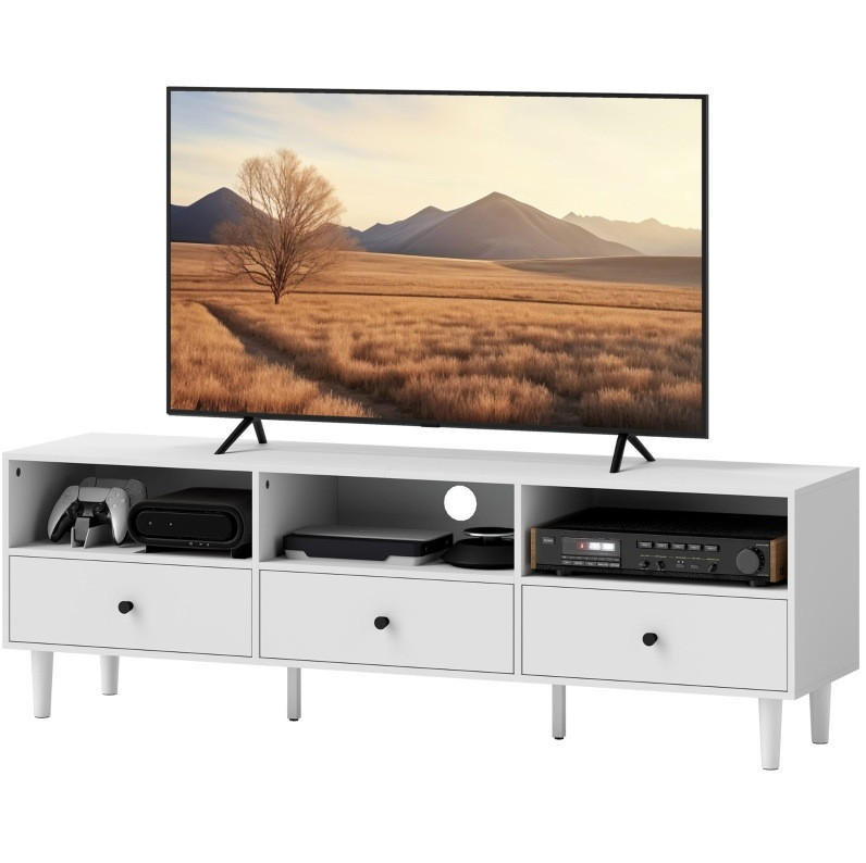 Modfu TV stolek z dřevotřísky 140x34x45 cm bílá se 3 zásuvkami, 3 přihrádkami a kabelovou průchodkou