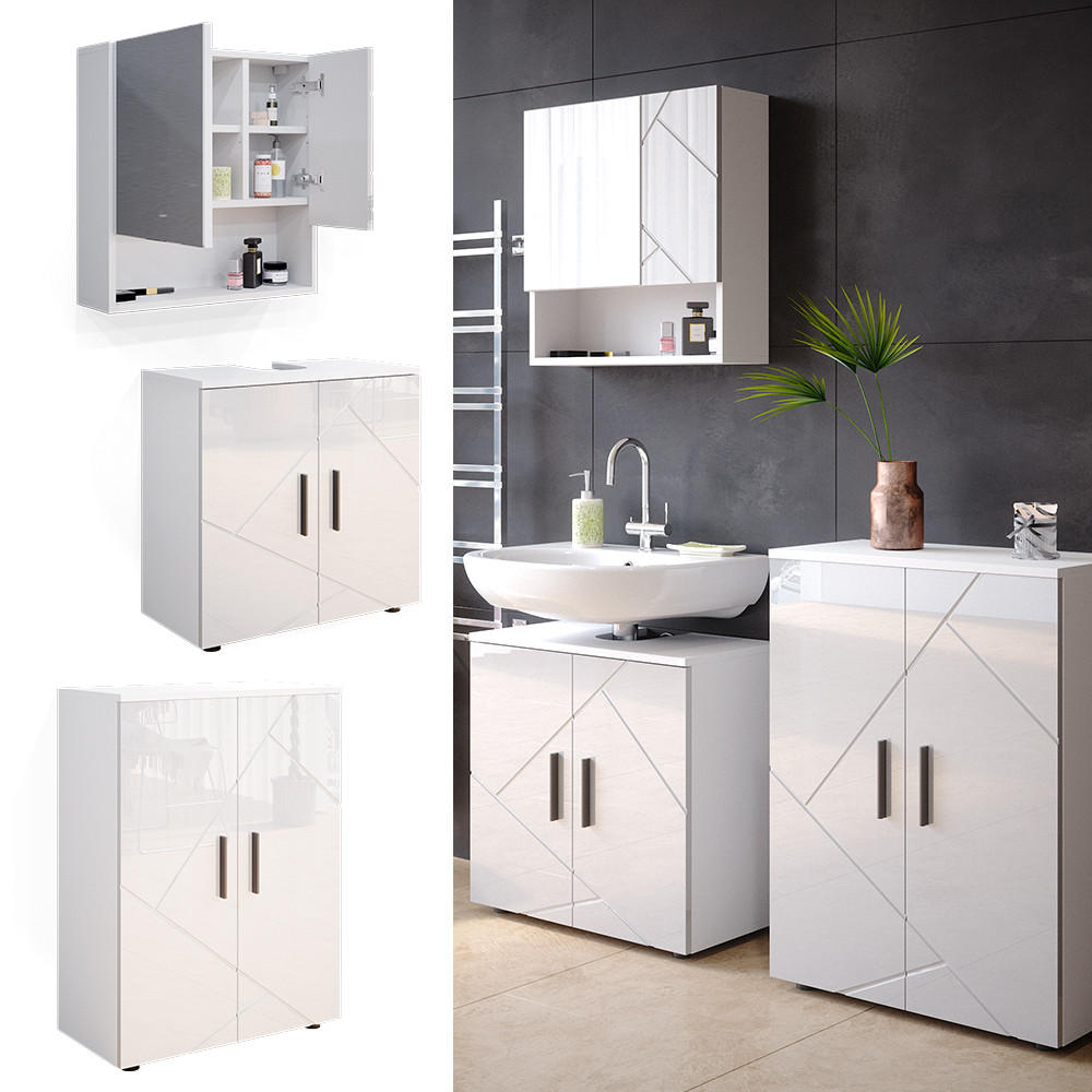 BADMÖBEL-SET Irma Weiß Hochglanz 3 Teile, mit Unterschrank 60 cm - Weiß Hochglanz/Weiß, Holzwerkstoff (80/58.6/41cm) - Vicco