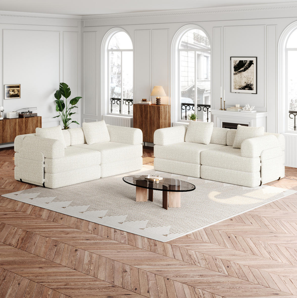 SCHLAFSOFA aus Chenille Beige 2-in-1 mit Armlehnen-Ablagefach und Stahlrahmen - Beige, Textil (184/50/182cm) - Modfu