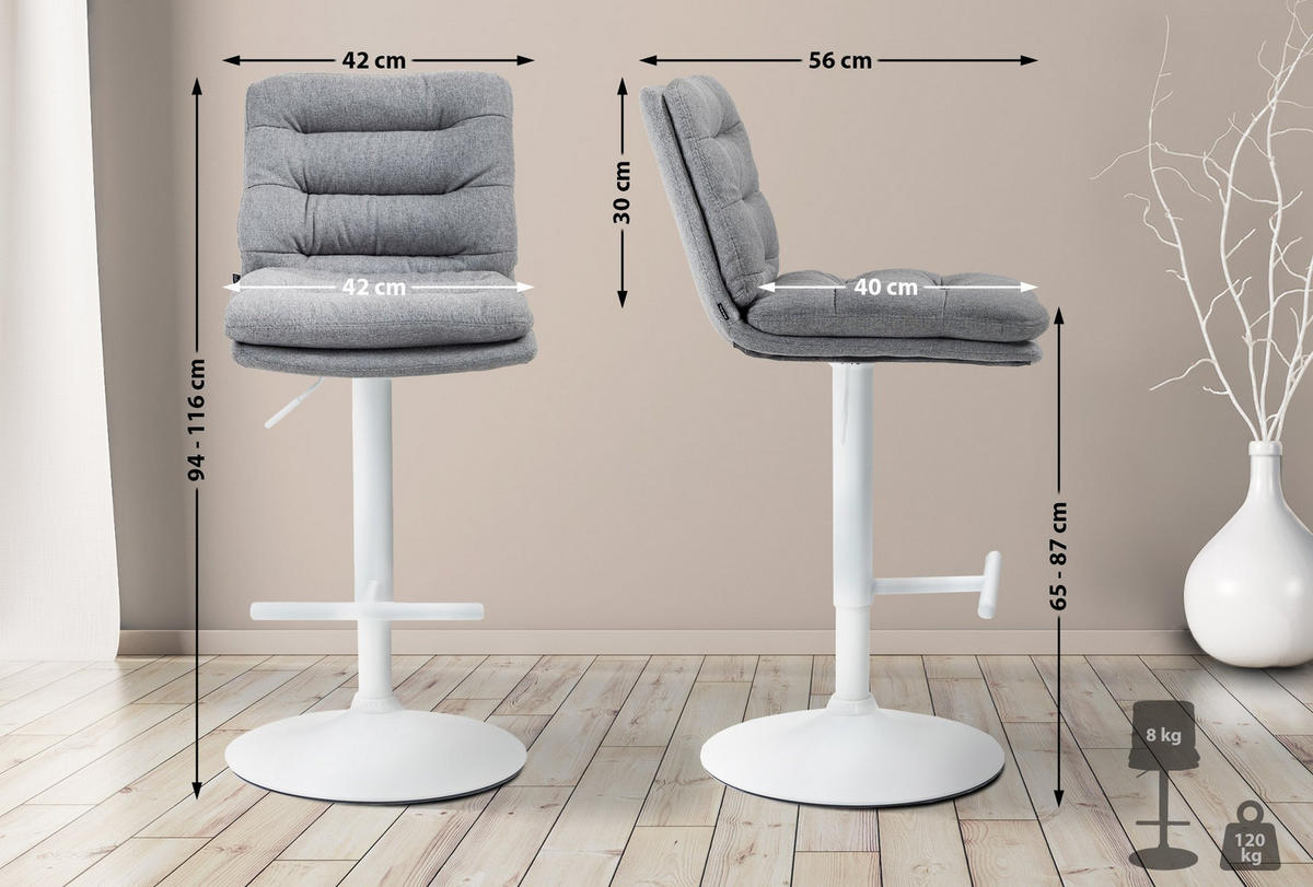 BARHOCKER 2er Set Stoff grau - Weiß/Grau, Textil/Metall (42/94/56cm) - CLP