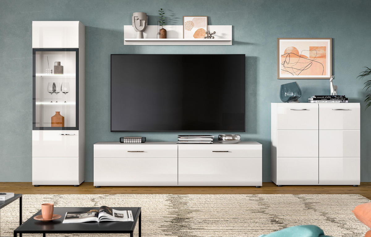 WOHNWAND weiß Hochglanz 4-teilig 315 cm, Schrankwand mit viel Stauraum - Weiß Hochglanz/Silberfarben, Glas/Holzwerkstoff (315/160/41cm) - Inn.Furn