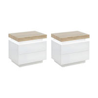 2ER-SET Nachttische mit 2 Schubladen & LEDs - MDF lackiert - Weiß & Eichefarben - HALO II - Naturfarben, Holz (40/50/55cm) - Vente-Unique