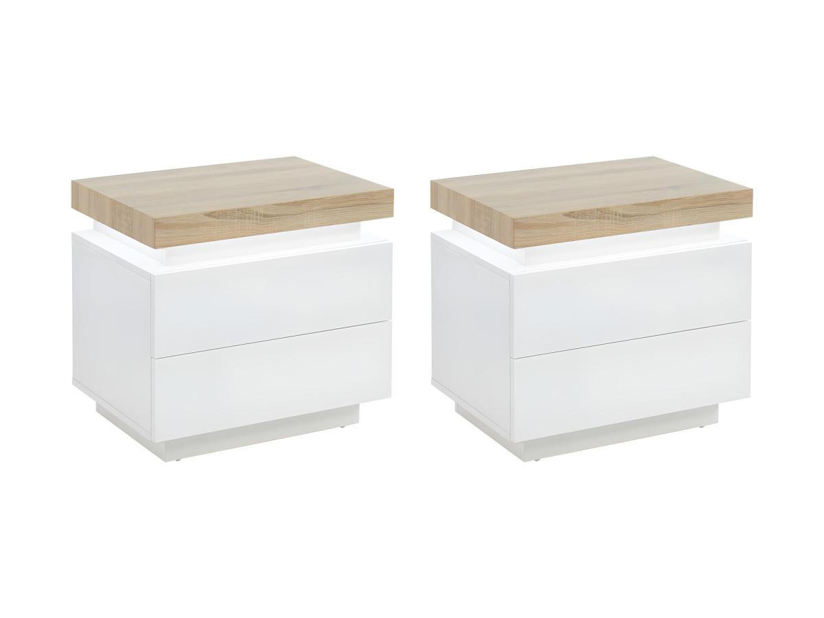 2ER-SET Nachttische mit 2 Schubladen & LEDs - MDF lackiert - Weiß & Eichefarben - HALO II - Naturfarben, Holz (40/50/55cm) - Vente-Unique