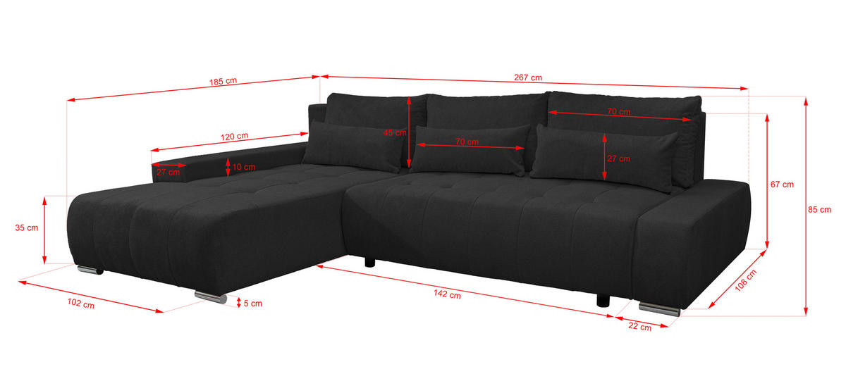 ECKSOFA Bloom mit Bettkasten und Schlaffunktion L-Form - Dunkelgrau, Textil (267/185cm)