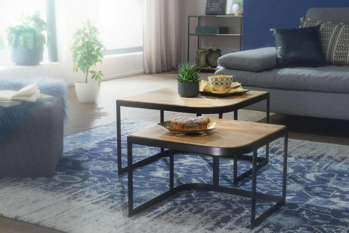 BEISTELLTISCH 2er Set Mango Massivholz Eisen Abgerundete Ecken TIMAVO, Braun 60x60x40 cm - Schwarz/Braun, Holz/Metall (60/60/40cm) - KADIMA DESIGN