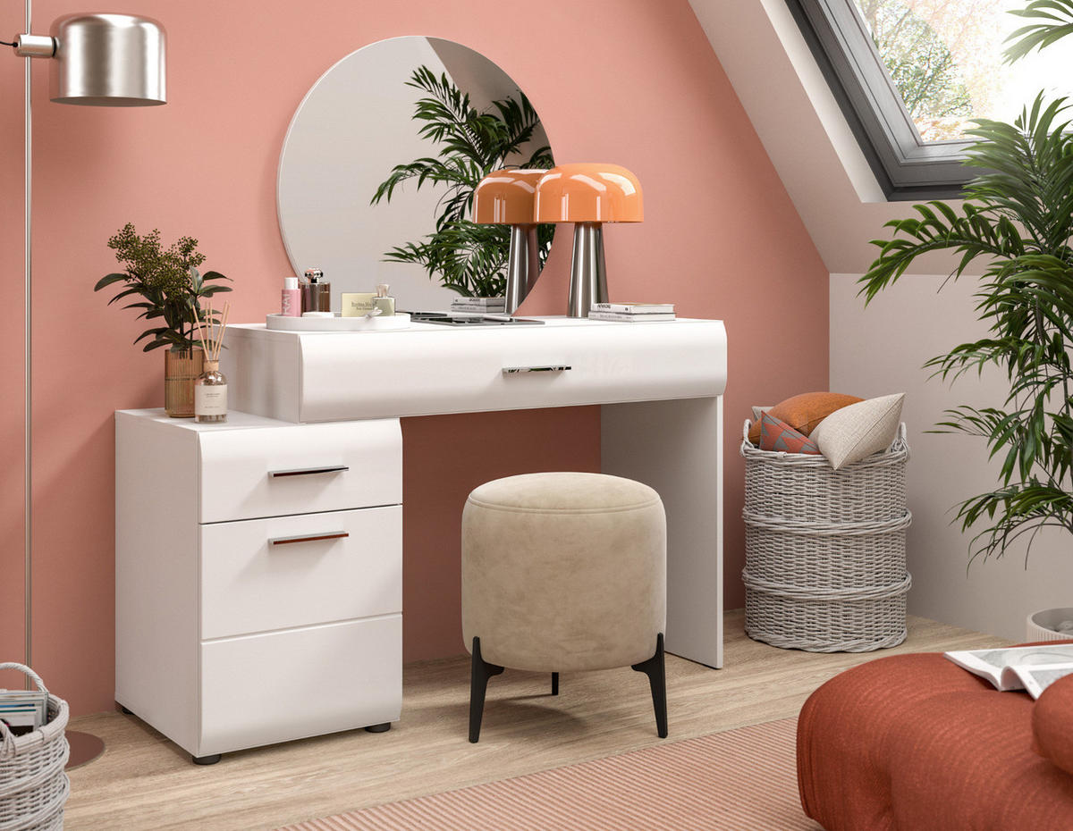 SCHMINKTISCH weiß Hochglanz 120 cm, Kosmetiktisch mit Spiegel - Weiß Hochglanz/Silberfarben, Glas/Holzwerkstoff (120/138/47cm) - Inn.Furn