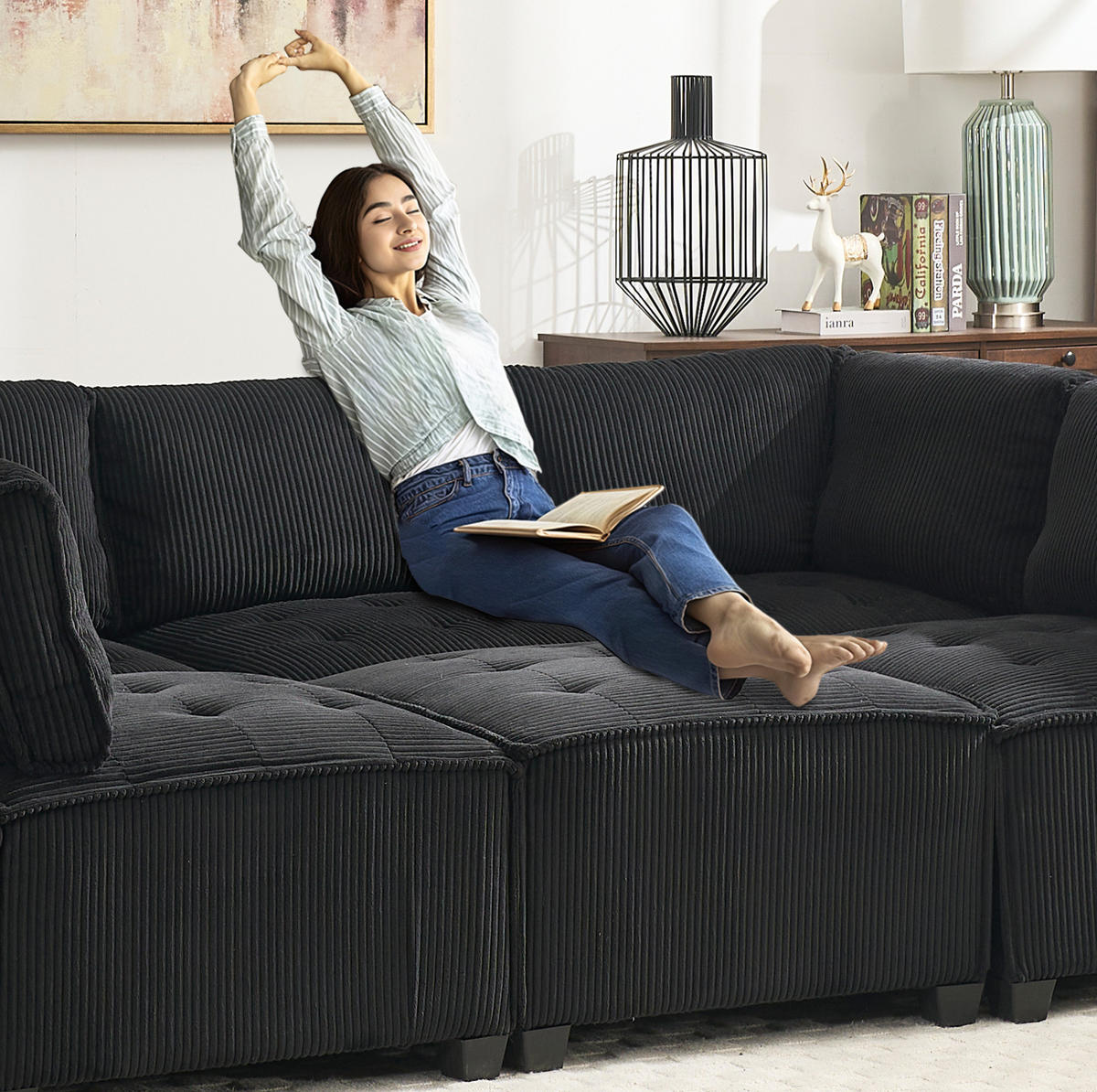 SOFA modular 308 x 154 cm Cord Black 6-Sitzer - Schwarz, Kunststoff (154/82/308cm) - Meubliv