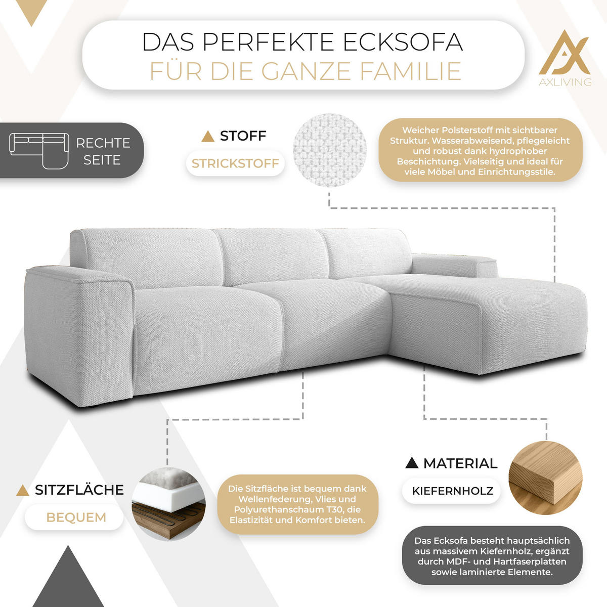 ECKSOFA L Form Didim mini Ivory 310/165/78 cm – stilvolle kleine Eckcouch R - Greige/Champagner, Kunststoff/Textil (310/165cm) - AX Living