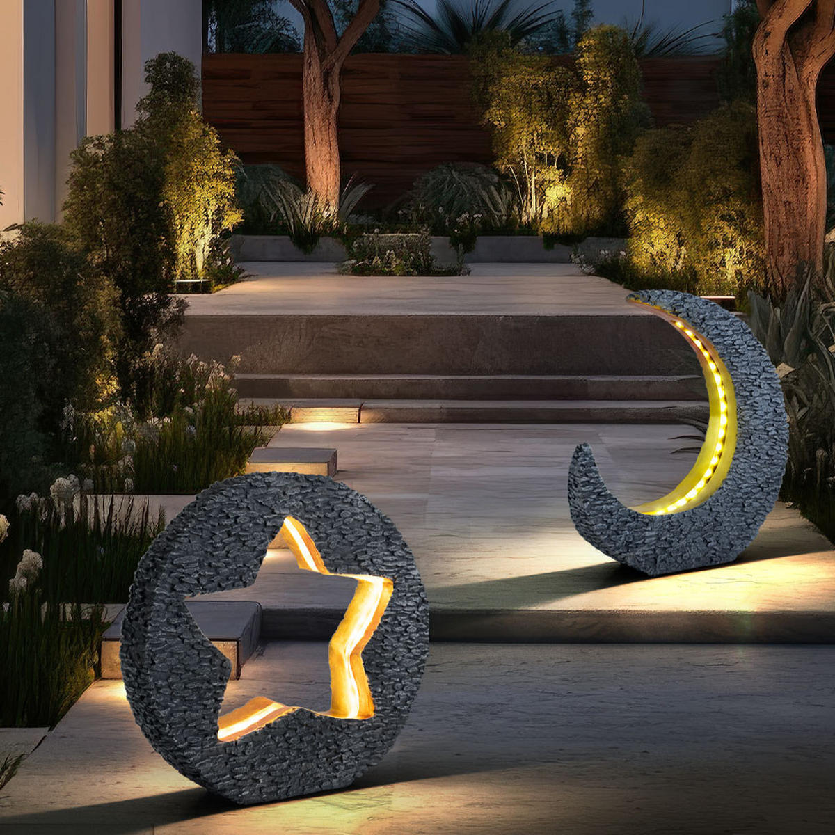 LED AUSSENLEUCHTE Steinoptik Mond Stern 2er Set - Grau, Kunststoff (31.8/8.5/29.5cm) - Globo Lighting