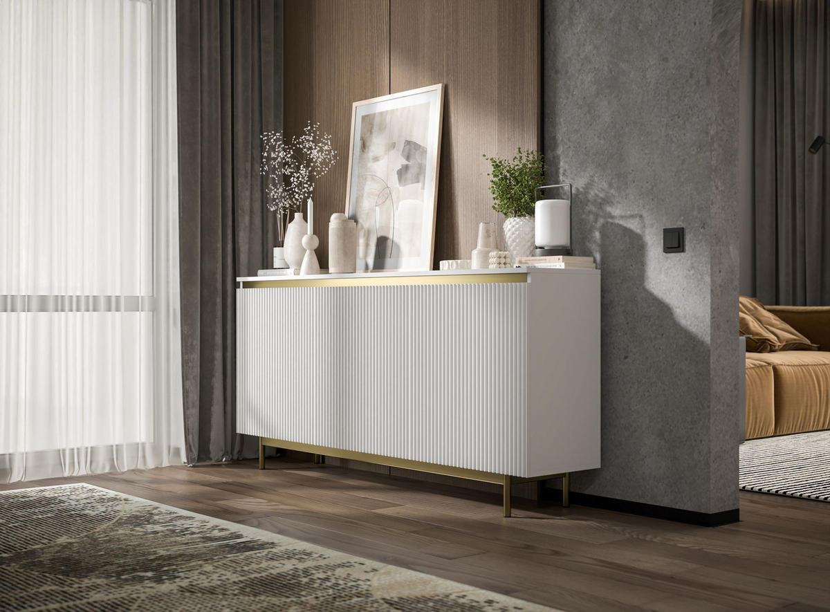 KOMMODE Selene 3D Weiß matt 167 cm mit goldenem Metallrahmen - Goldfarben/Weiß, Holzwerkstoff/Metall (167/79/35cm) - Meble Lindner