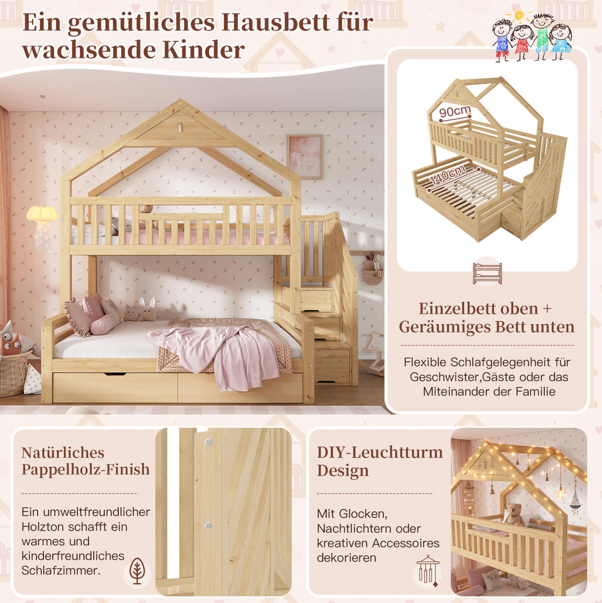 KINDER-ETAGENBETT 90x200 & 140x200 cm in Eichefarben mit Treppenschrank und Schubladen - Eichefarben, Holz (140/200cm) - IVMEU