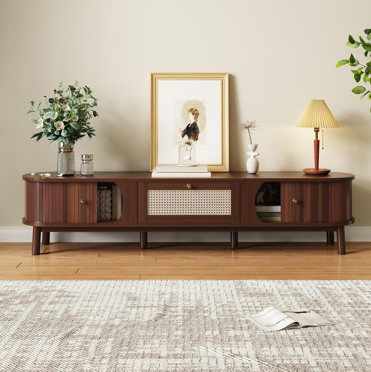 TV-LOWBOARD aus Massivholz, Spanplatte und Rattan 170x39,5x38 cm in Holzfarbe und Hellgelb - Eichefarben, Holzwerkstoff (170/38/39.5cm) - IVMEU