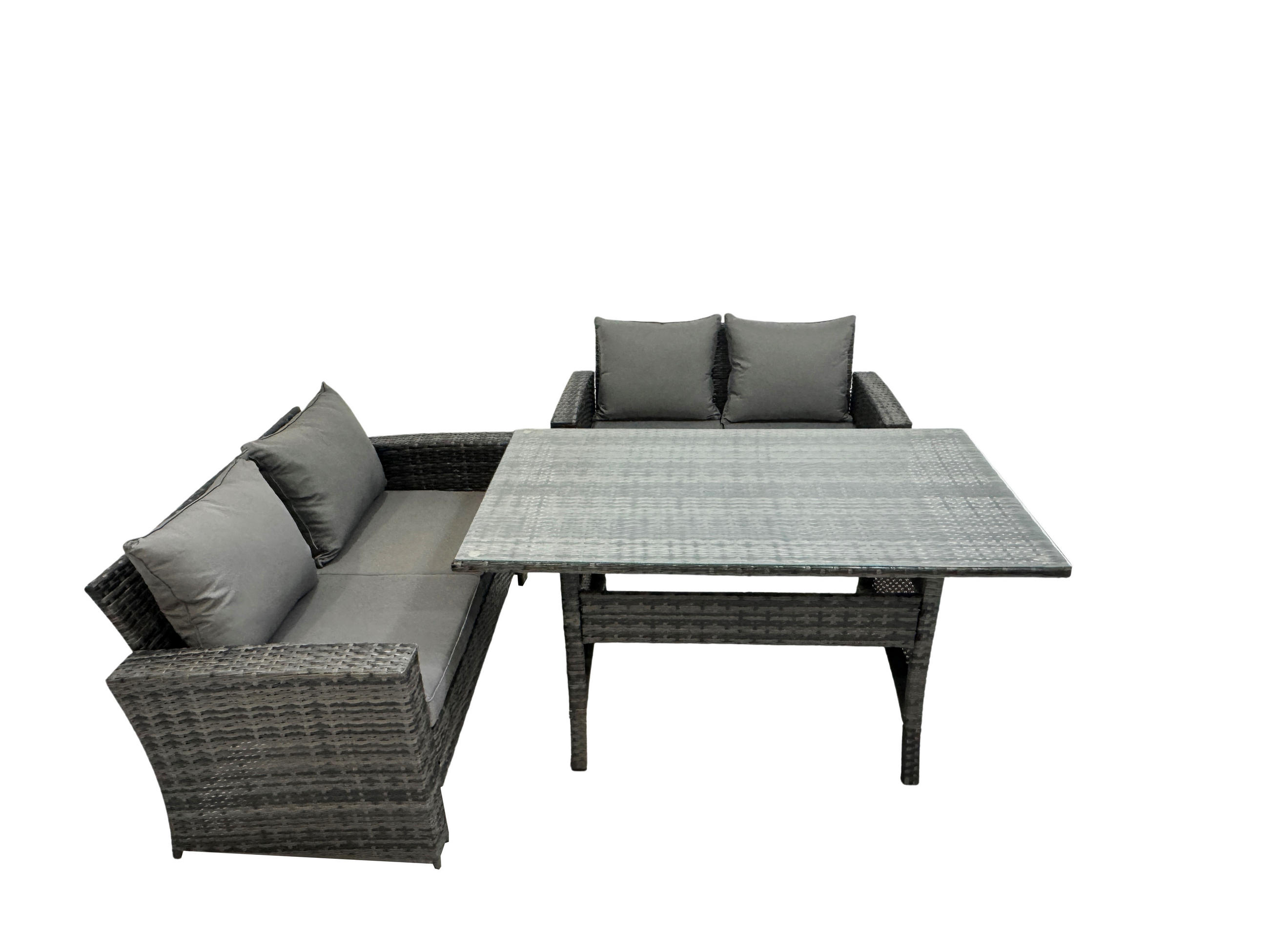 GARTENMÖBELSET mit 2-Sitzer Sofa,Esstisch Polyrattan Dunkelgrau 4-Sitzer - Dunkelgrau/Grau, Glas/Kunststoff - Fimous