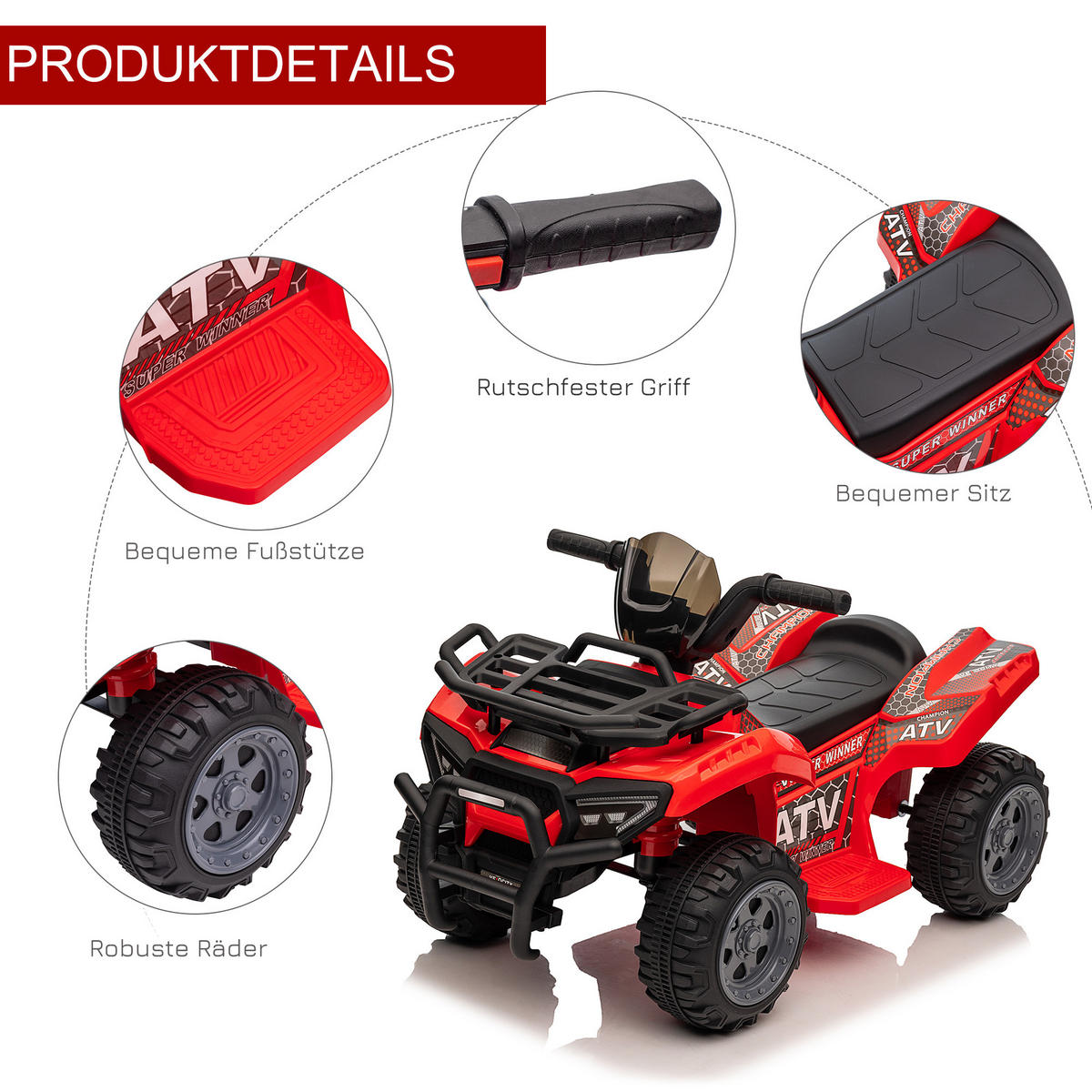 MINI ELEKTRO-QUAD KINDER, Schwarz/Grün/Rosa/Rot, Metall+ PP-Kunststoff - Rot, Metall (70/42/45cm) - HOMCOM