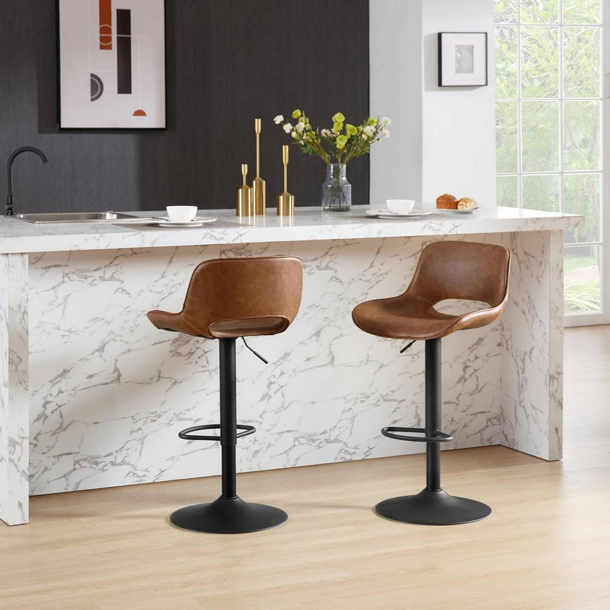 BARHOCKER 4er Set, Kunstleder Metall, Braun - Schwarz/Braun, Kunststoff/Metall (49/84/49cm) - Woltu