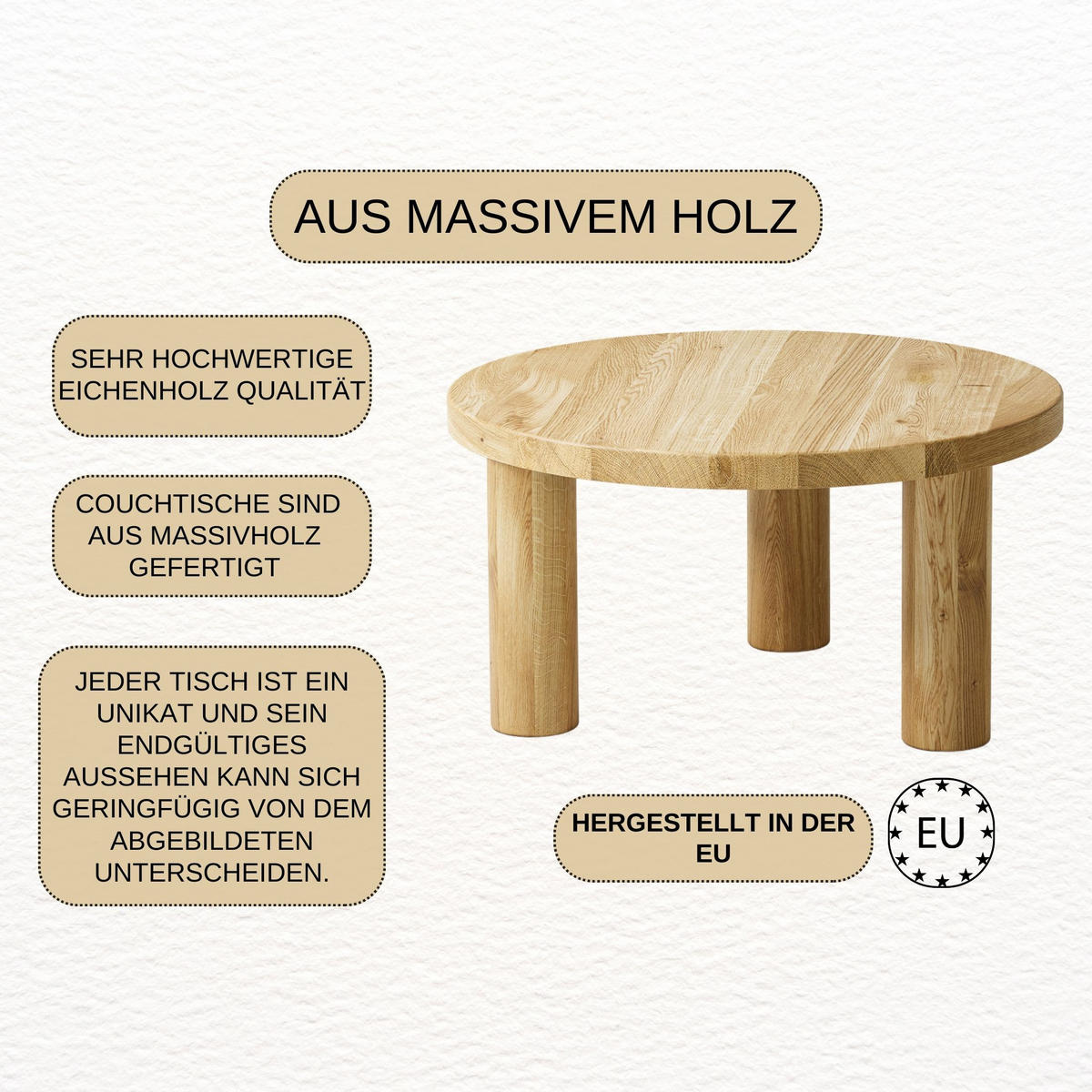 COUCHTISCH Eichenholz vollmassiv rund Naturbelassenen 70/70/37 - Naturfarben, Holz (70/70/37cm)