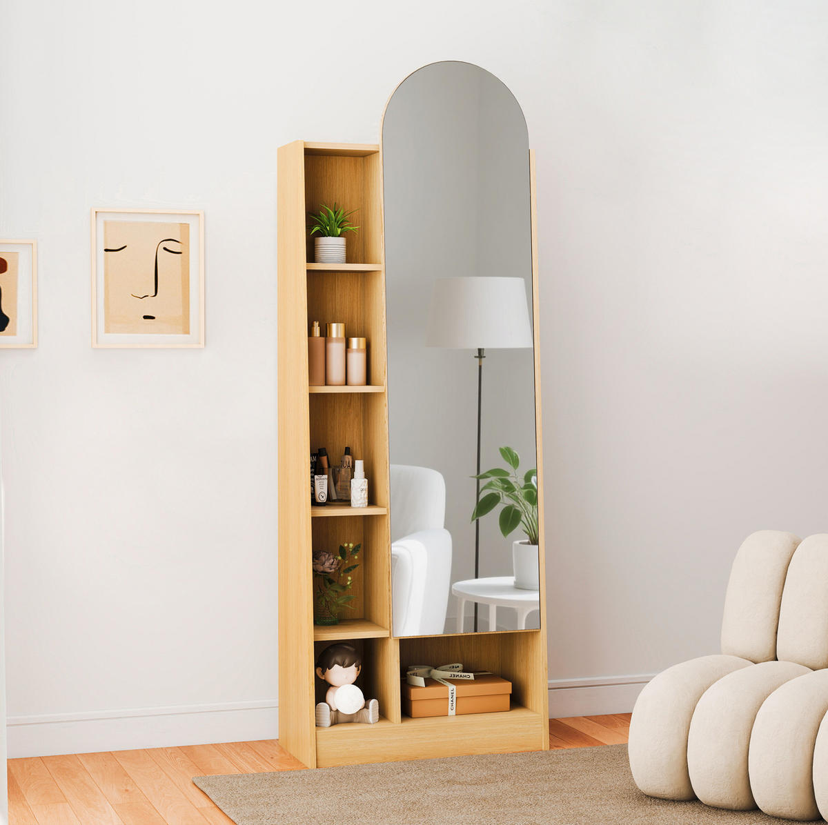 HOCHSCHRANK 60/28/165 cm mit Spiegeltür, verstellbaren Einlegeböden und offenem Stauraum, Natur - Naturfarben, Holzwerkstoff (60/165/28cm) - Redom