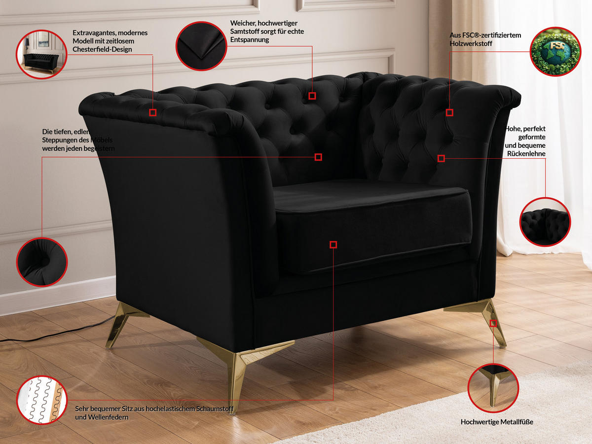 SITZGARNITUR 3+1 Chesterfield Whitby Schwarz Samt mit goldenen Füßen - Goldfarben/Schwarz, Holz/Textil (237/78/82cm) - S-Style Möbel