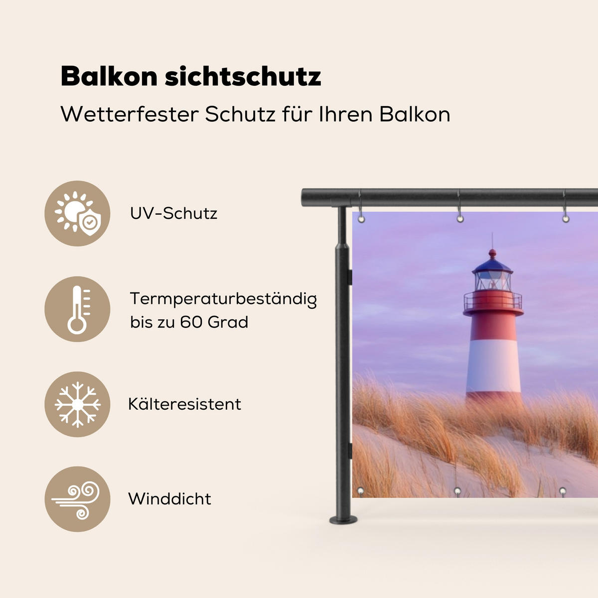 BALKON-SICHTSCHUTZ Leuchtturm - Dünen - Sonnenuntergang 300x85 cm - Hellrosa, Kunststoff (300/85cm) - MuchoWow