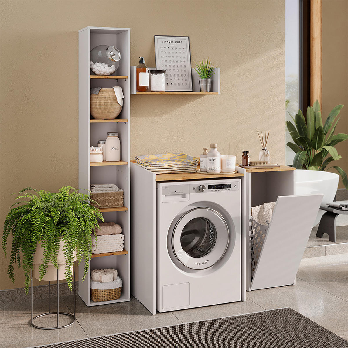 WASCHMASCHINENSCHRANK Viktor, Weiß/Artisan-Eiche, 67.8 x 94.6 cm mit erhöhtem Rand - Weiß/Eiche Artisan, Holzwerkstoff (67.8/94.6/59.8cm) - Vicco