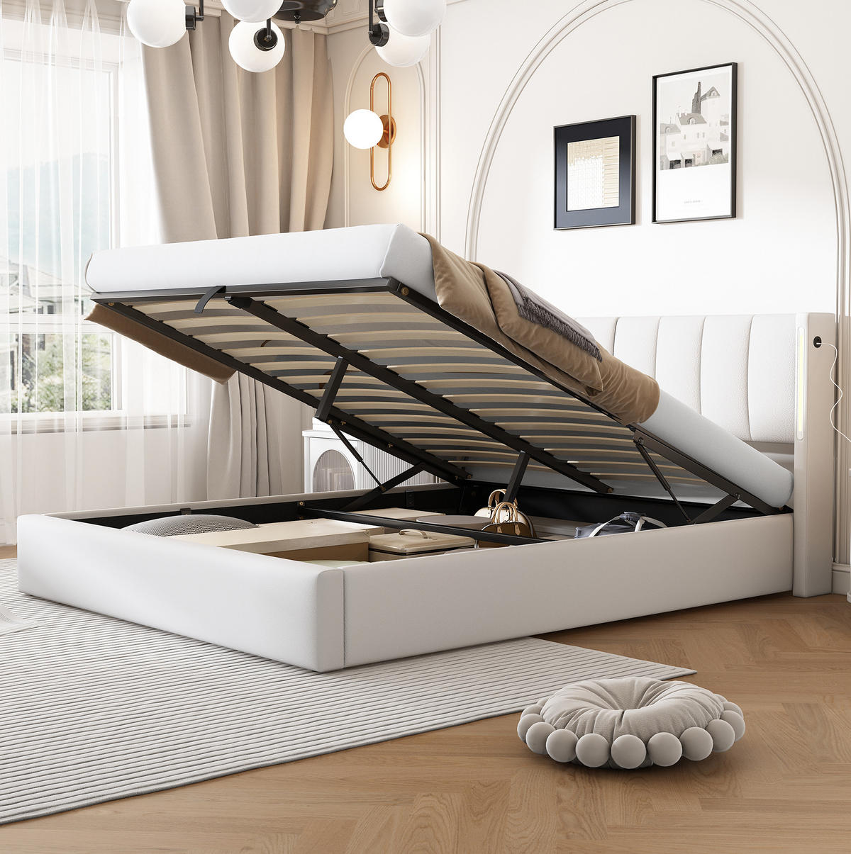 POLSTERBETT 160/200 cm mit Bettkasten, LED-Beleuchtung und verstellbarem Kopfteil - Weiß, Kunststoff (160/200cm) - BEAOK