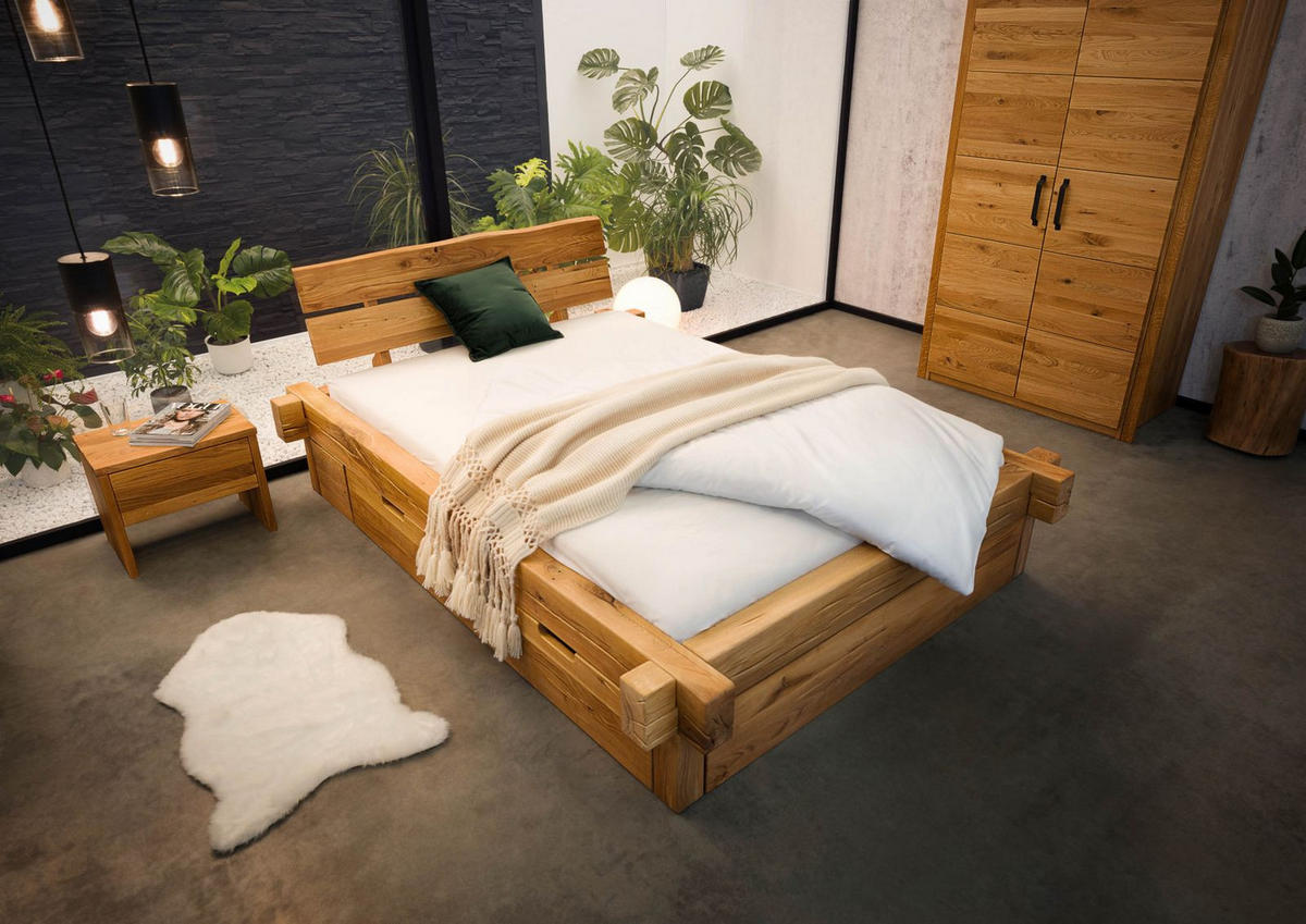 BETT mit Schublade Massivholz Wildeiche 140 x 200 x 85 natur BALKENMÖBEL #127 - Naturfarben, Holz (140/200cm) - Massivmoebel24