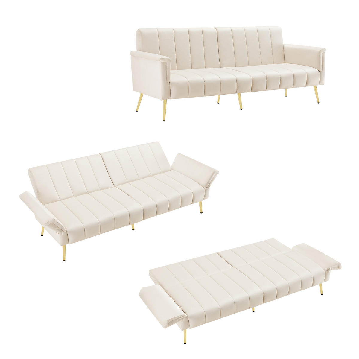 SOFA Schlaffunktion Klappbar Beige Samtstoff Hilfsfüße Modern Gästezimmer - Beige, Holz (83.82/24.77/43.69cm) - FLIEKS
