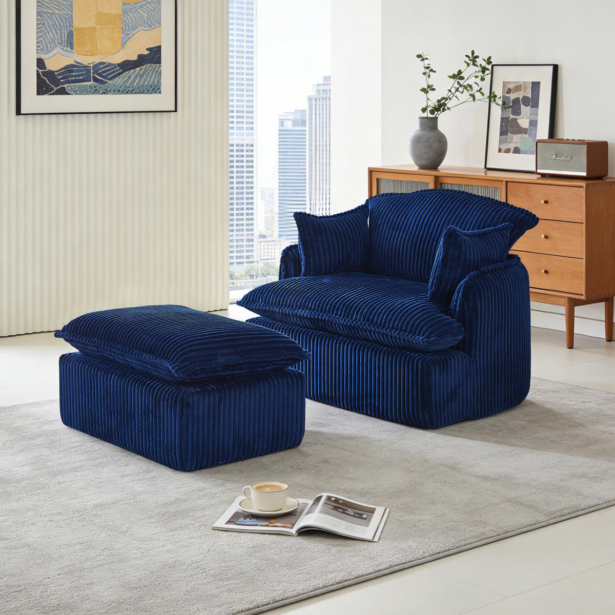 SESSEL DE-35257 mit Hocker Blau - Blau, Textil (89/77/115cm) - ComfortXL