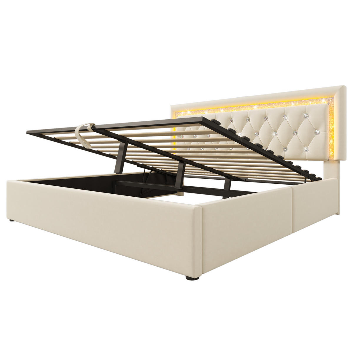 SAMT-POLSTERBETT 160/200 cm mit Bettkasten & LED-Beleuchtung in Beige - Beige, Textil (160/200cm) - BEAOK