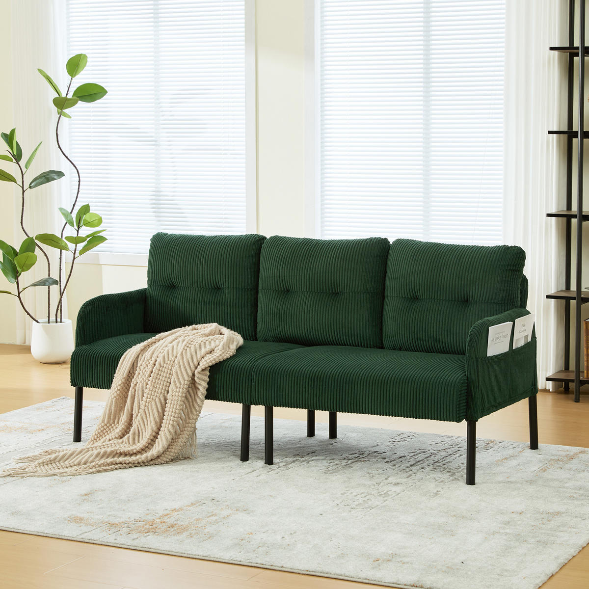 SOFA 3-Sitzer mit Seitentasche ca. 171 x 72 x 80 cm Cord Emerald - Grün, Kunststoff (171/80/72cm) - Meubliv
