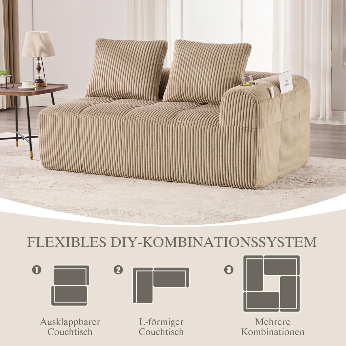 2-SITZER 158/93/61 cm Khaki aus Cordstoff mit Seitenfächern und Becherhaltern - Sandfarben, Textil (93/61/158cm) - OKMYHOME