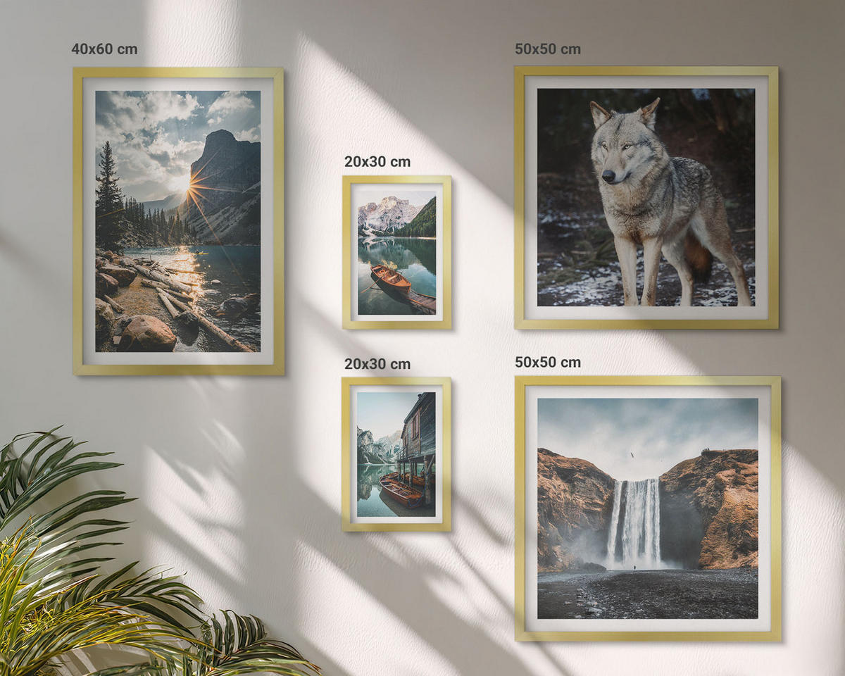 WANDBILDER 5er Set - 50x50 cm & 20x30 cm & 40x60 cm Goldrahmen - Berge, Seen, Wasserfall, Wolf - Goldfarben, Kunststoff (40/60cm) - ArtPrintCave