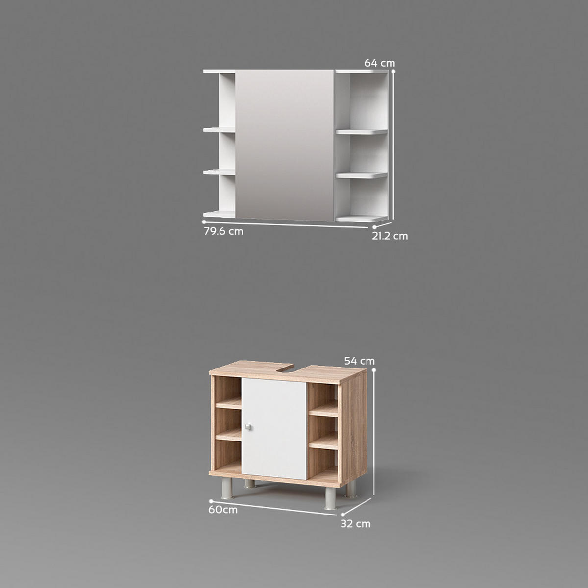 BADMÖBEL-SET Fucino Sonoma 2 Teile - Weiß/Sonoma Eiche, Holzwerkstoff (60/54/32cm) - Livinity®