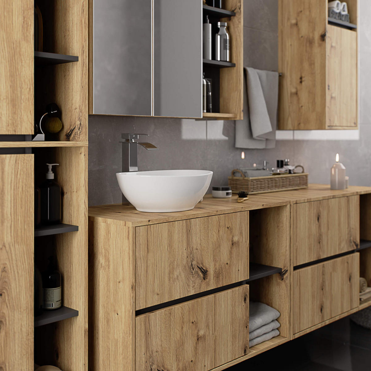 BAD HOCHSCHRANK Vami Eiche Artisan, Grau - Eiche Artisan/Grau, Holzwerkstoff (50/170/30cm) - Akord