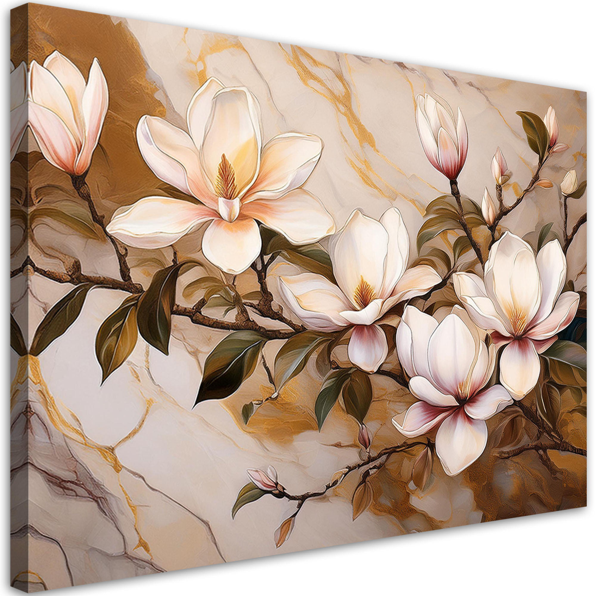 WANDBILD magnolien blumen pflanzen marmor gold - Beige, Textil (60/40cm) - Feeby