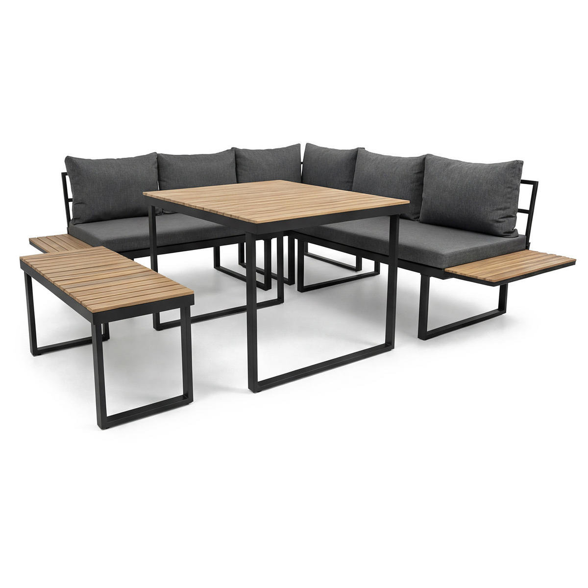 LOUNGESET - 3-teilig - Eisen / Webstoff - Dunkelgrau - Schwarz/Grau, Holz/Metall - home24