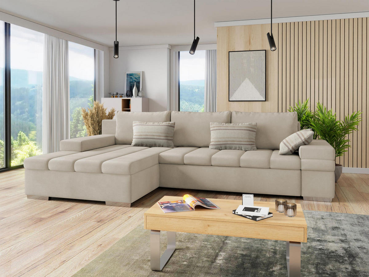 ECKSOFA Bangkok, Seite: Links - Beige/Silberfarben, Holz/Textil (310/175cm) - MIRJAN24