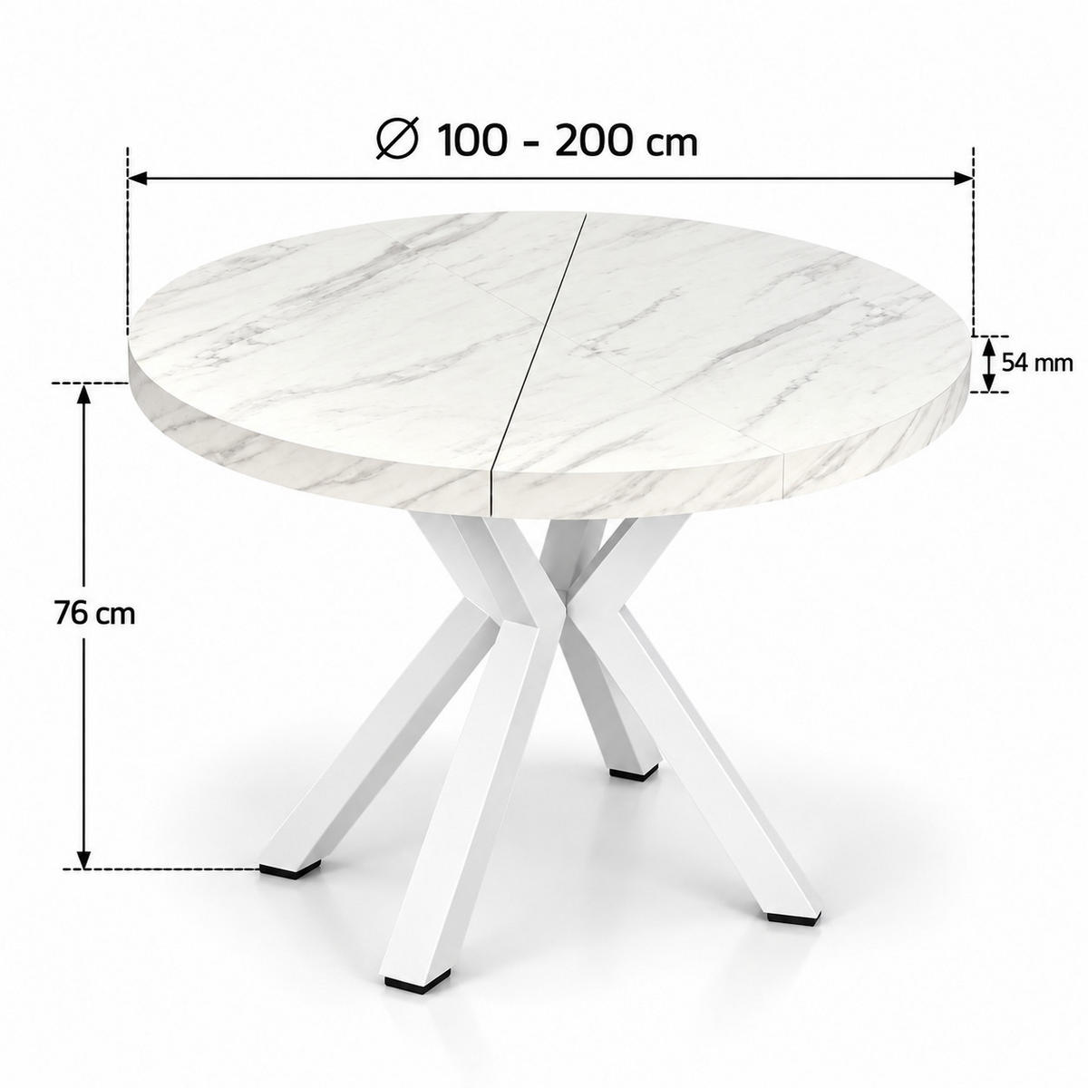 ESSTISCH rund ausziehbar 100/200/76 cm, Marmoroptik, 54 cm Tischplatte + Metall weiß - Hellgrau/Weiß, Holzwerkstoff/Metall (100/200/76cm) - Damale Möbel
