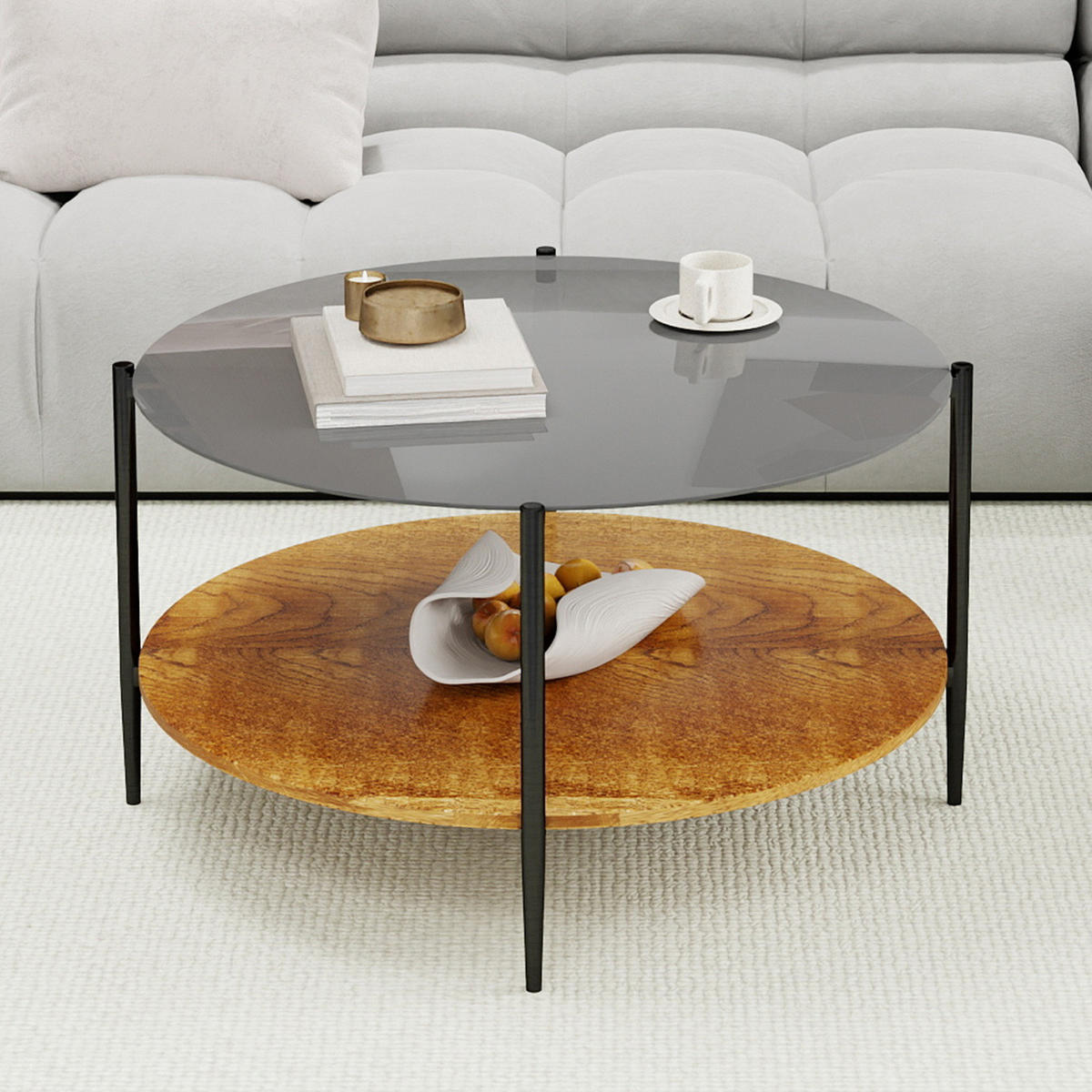 COUCHTISCH Ø 82/45 cm in Schwarz mit Glasplatte und Ablage - Schwarz, Glas (82/82/45cm) - BEAOK