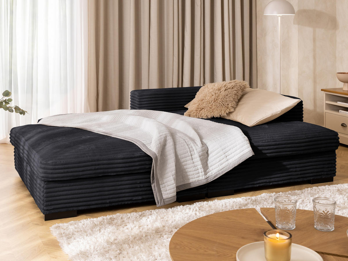 ECKSOFA Wolke mit tiefer Sitzfläche, Schlaffunktion und praktischem Bettkasten aus weichem Schwarz Cordstoff - Schwarz, Holz/Kunststoff (225/162cm) - S-Style
